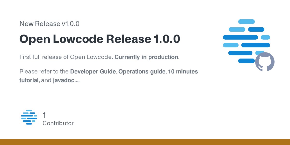 OLowcode's tweet card. First full release of Open Lowcode. Currently in production. Please refer to the Developer Guide, Operations guide, 10 minutes tutorial, and javadoc. You can ask questions and discuss features on ...