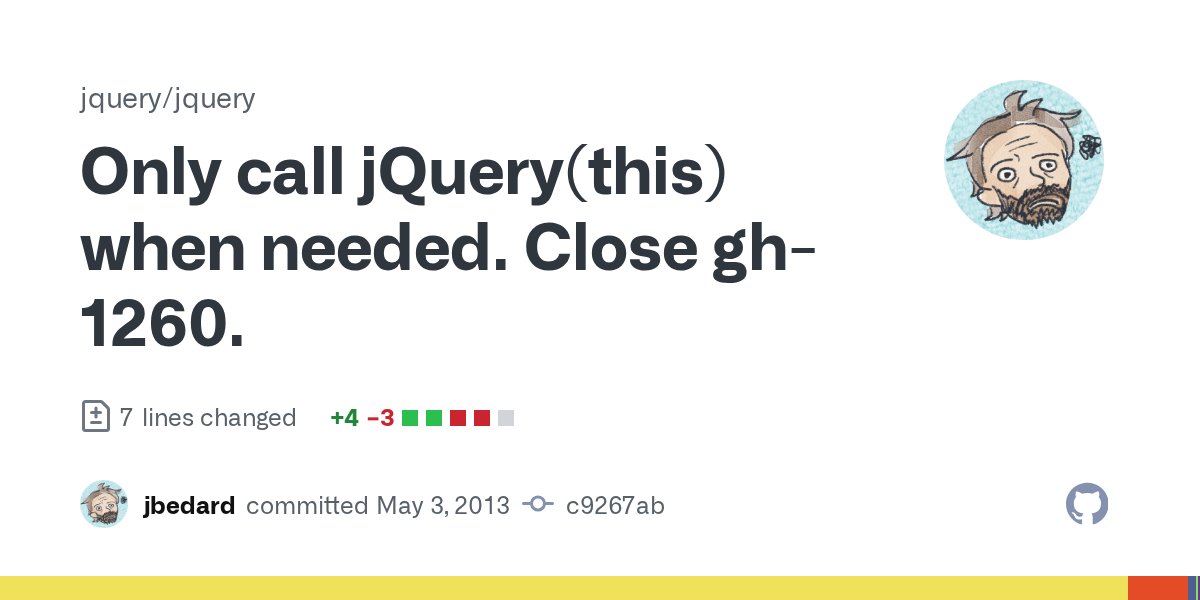 jquerycommits's tweet card. Only call jQuery(this) when needed. Close gh-1260. · jquery/jquery@c9267ab