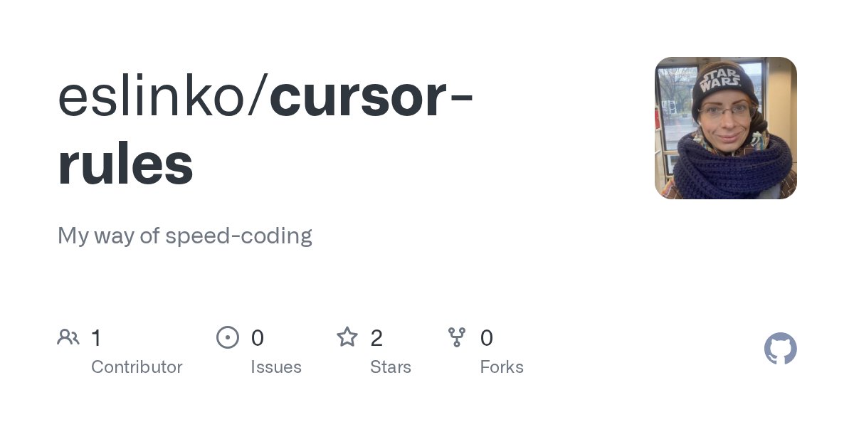 LiaZeya888's tweet card. My way of speed-coding. Contribute to eslinko/cursor-rules development by creating an account on GitHub.