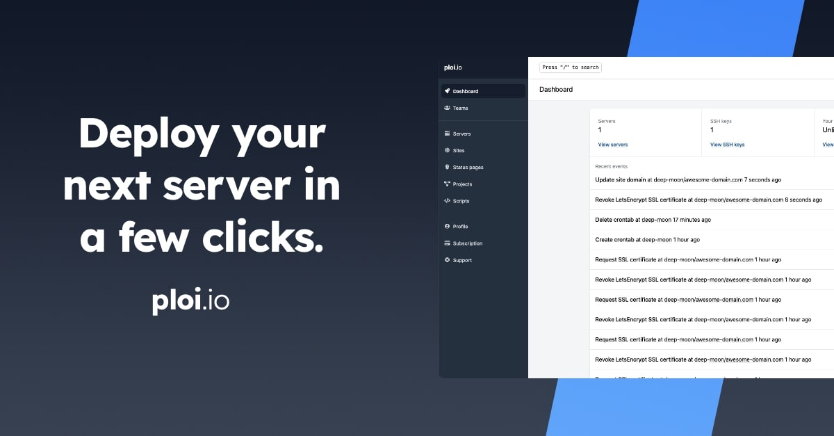 hlavacm's tweet card. Use Ploi.io for easy site deployments. We take all the difficult work out of your hands, so you can focus on doing what you love: developing your application.