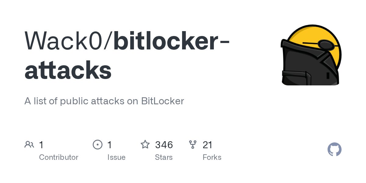 sekurlsa_pw's tweet card. A list of public attacks on BitLocker. Contribute to Wack0/bitlocker-attacks development by creating an account on GitHub.