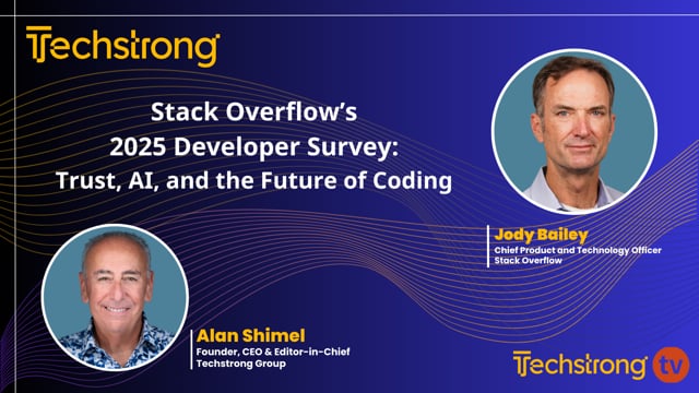 StackOverflow's tweet card. Jody Bailey, Stack Overflow, discusses the growing influence of AI in coding, revealing that a large portion of code is now generated by AI.