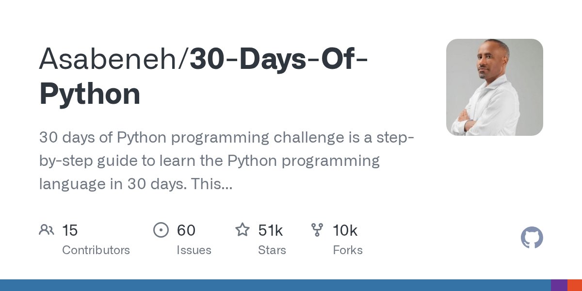 ysivaram89's tweet card. 30 days of Python programming challenge is a step-by-step guide to learn the Python programming language in 30 days. This challenge may take more than100 days, follow your own pace. These videos m...