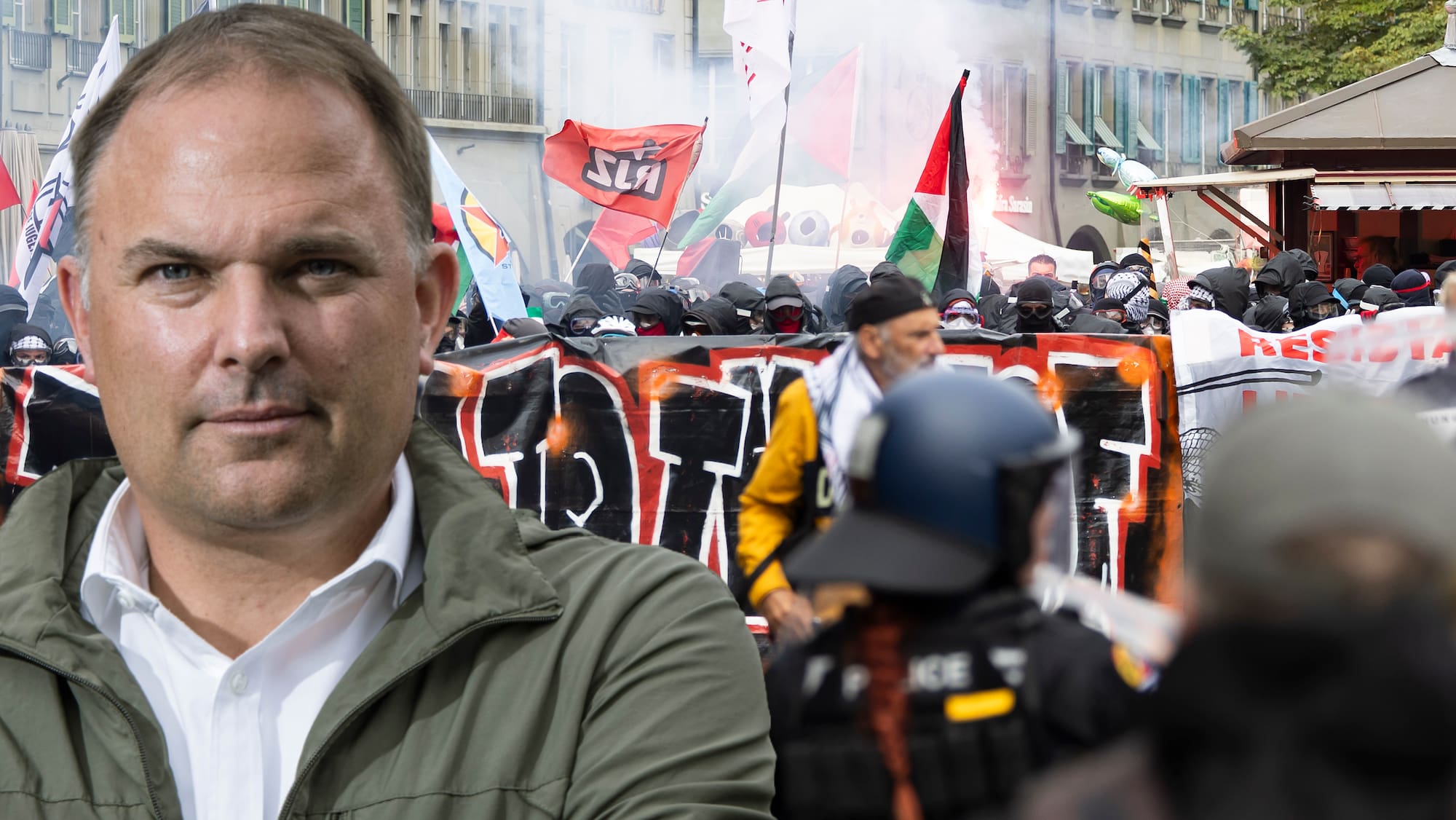 hapemathys's tweet card. An der gewaltsamen Palästina-Demo in Bern wurden 536 Personen identifiziert. SVP-Präsident Marcel Dettling fordert die Polizei auf, die Namen öffentlich zu machen.