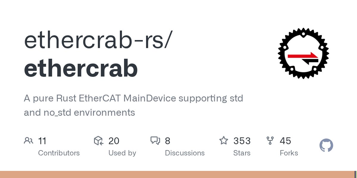jam_waffles's tweet card. A pure Rust EtherCAT MainDevice supporting std and no_std environments - ethercrab-rs/ethercrab