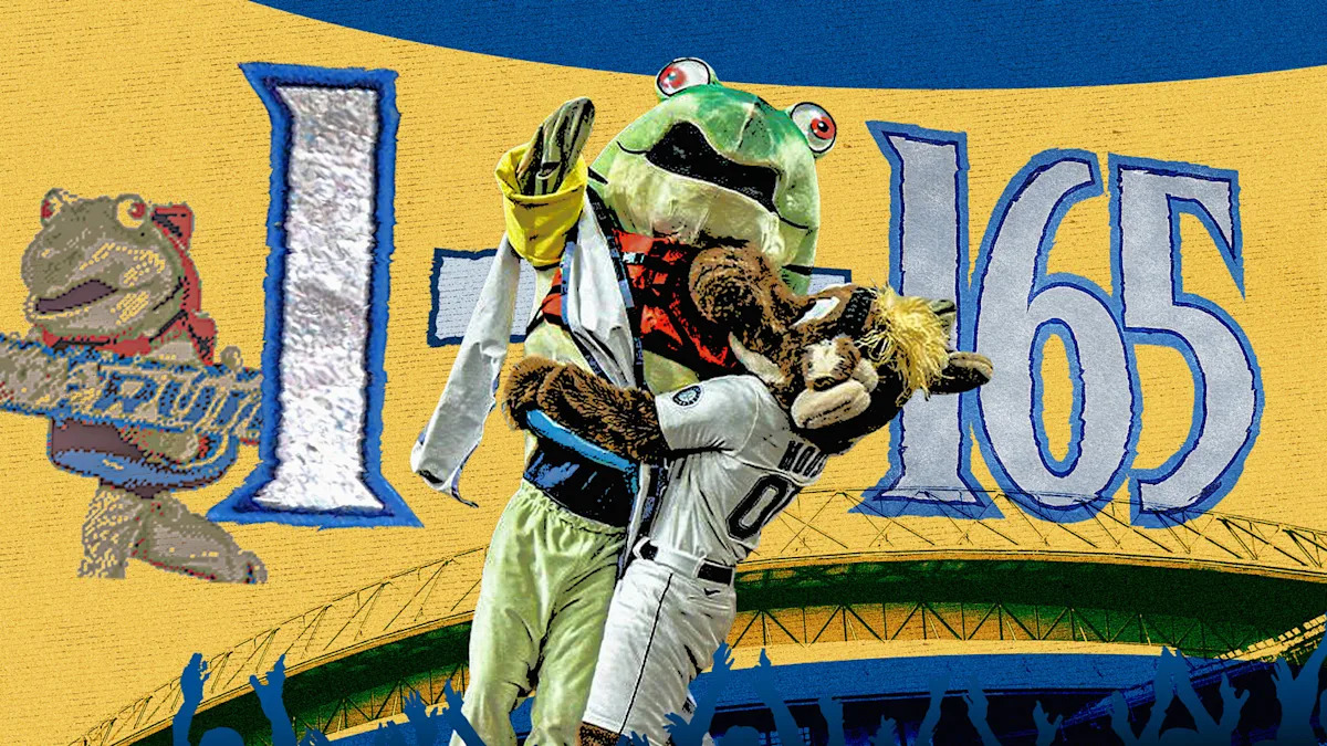 Jake_Mintz's tweet card. Before ALDS Game 5, Humpy the Humpback Salmon had never won the Salmon Run at T-Mobile Park.