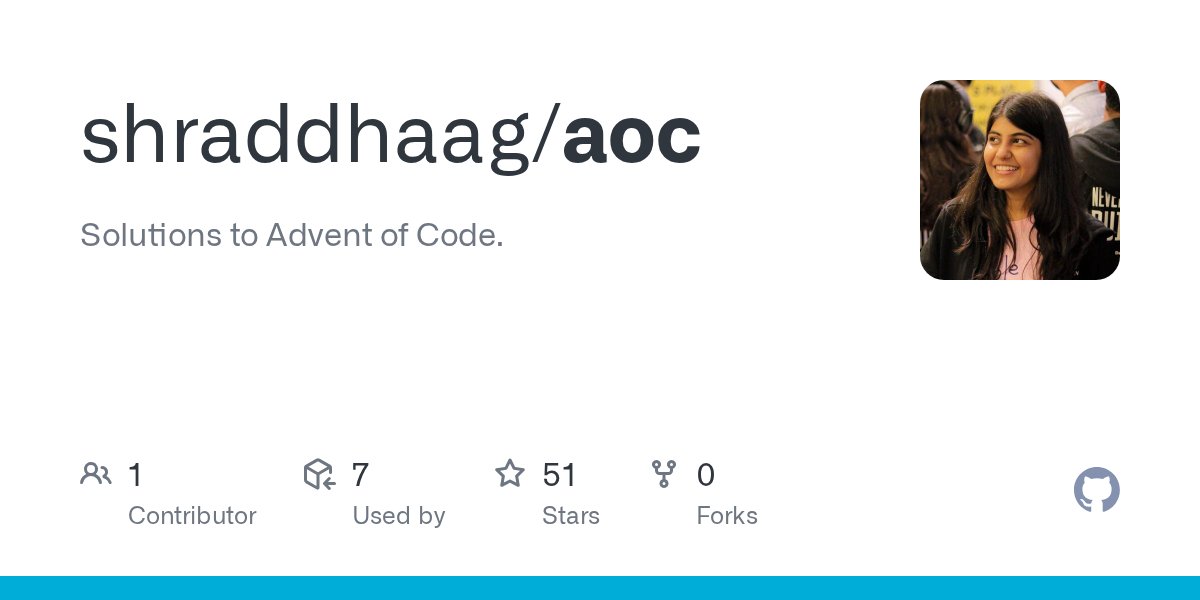 shraddhaag's tweet card. Solutions to Advent of Code. . Contribute to shraddhaag/aoc development by creating an account on GitHub.