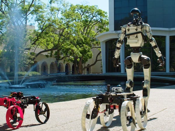 Hacksterio's tweet card. Caltech’s X1 pairs a humanoid robot with a transforming backpack that drives and flies to tackle any terrain (and maybe fetch snacks).