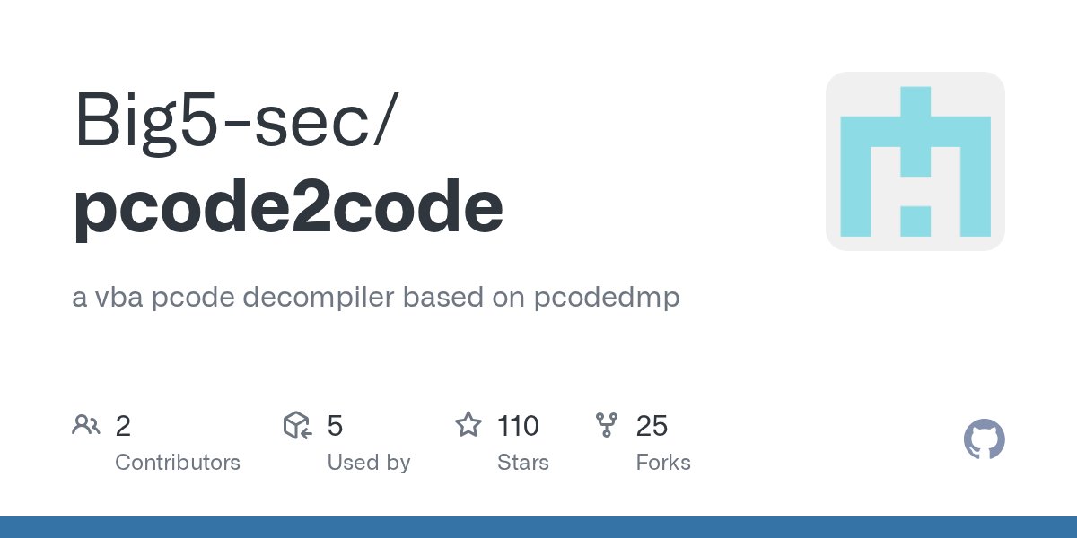 Big5_sec's tweet card. a vba pcode decompiler based on pcodedmp. Contribute to Big5-sec/pcode2code development by creating an account on GitHub.