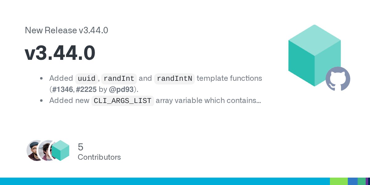 taskfiledev's tweet card. Added uuid, randInt and randIntN template functions (#1346, #2225 by @pd93). Added new CLI_ARGS_LIST array variable which contains the arguments passed to Task after the -- (the same as CLI_ARGS, b...