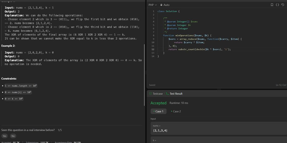 prod42net's tweet card. 2997. Minimum Number of Operations to Make Array XOR Equal to K Medium You are given a 0-indexed...