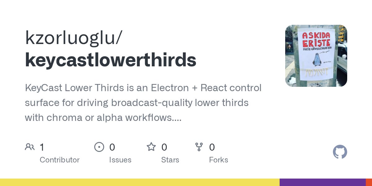 d8devscom's tweet card. KeyCast Lower Thirds is an Electron + React control surface for driving broadcast-quality lower thirds with chroma or alpha workflows. It ships with an operator-friendly panel, a kiosk-ready HDMI o...
