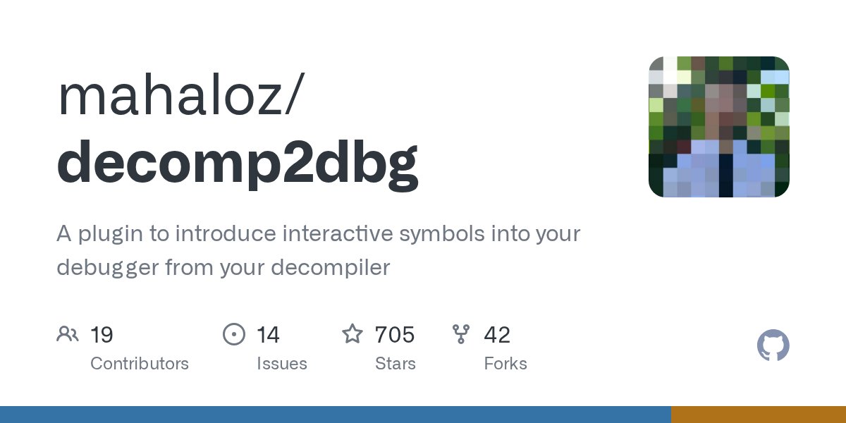 mahal0z's tweet card. A plugin to introduce interactive symbols into your debugger from your decompiler - mahaloz/decomp2dbg