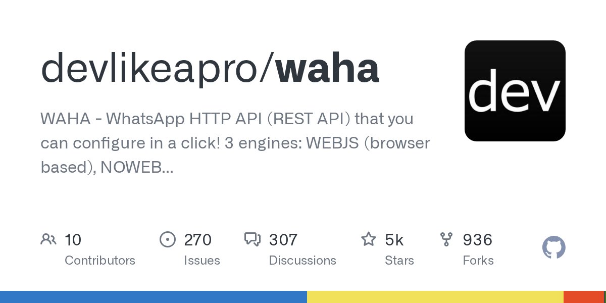 bot_for_devs's tweet card. WAHA - WhatsApp HTTP API (REST API) that you can configure in a click! 3 engines: WEBJS (browser based), NOWEB (websocket nodejs), GOWS (websocket go) - devlikeapro/waha