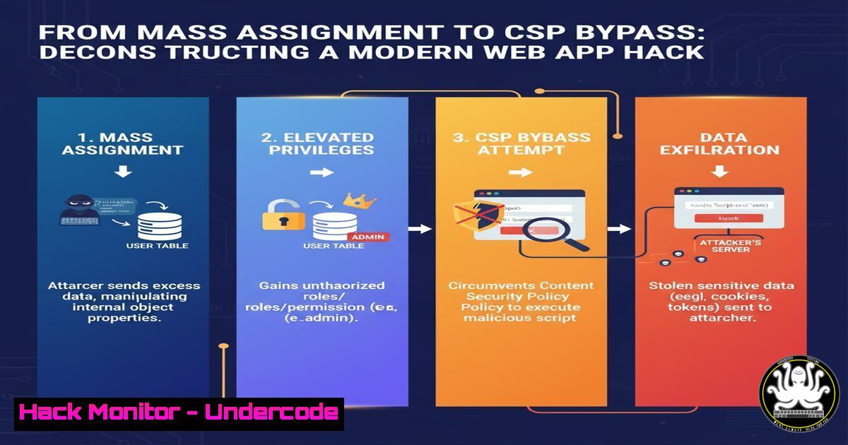 UndercodeUpdate's tweet card. From Mass Assignment to CSP Bypass: Deconstructing a Modern Web App Hack - "Undercode Testing": Monitor hackers like a pro. Get real-time updates, AI-powered