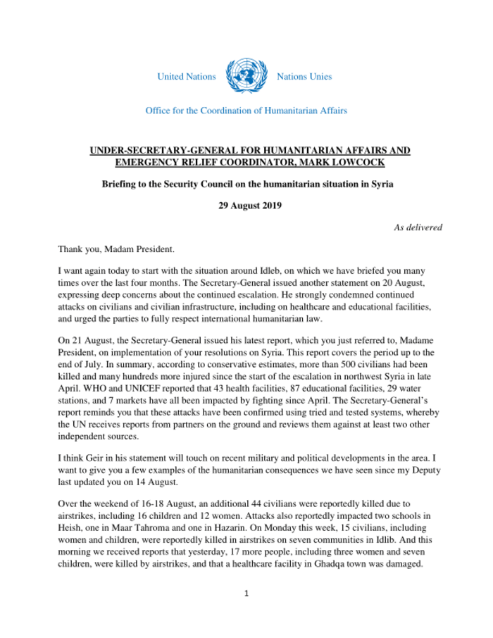 UNReliefChief's tweet card. News and Press Release in English on Syrian Arab Republic about Agriculture, Education and more; published on 29 Aug 2019 by OCHA