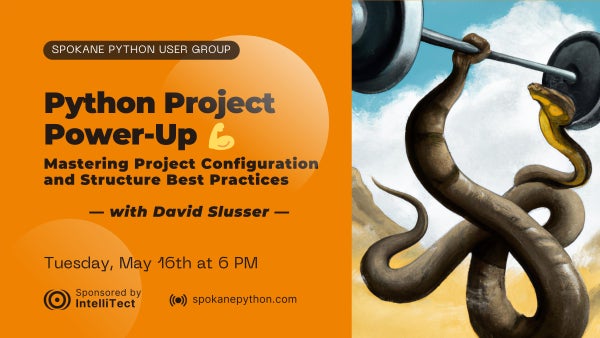 PythonSpokane's tweet card. Join us for a **Python Project Power-Up** meetup where we dive deep into the realm of configuring Python projects and creating an effective repository structure. Whether yo