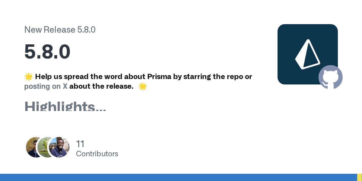 JavascriptMick's tweet card. 🌟 Help us spread the word about Prisma by starring the repo or posting on X about the release. 🌟 Highlights Happy New Year from your friends at Prisma! 🎊 In the last 4 weeks, we resolved some bugs...