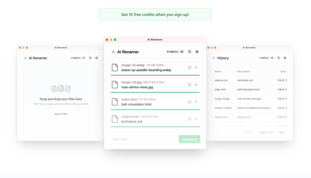 VibeCodingList's tweet card. Automatically rename your files based on their content using AI. Perfect for organizing images and documents with meaningful names.