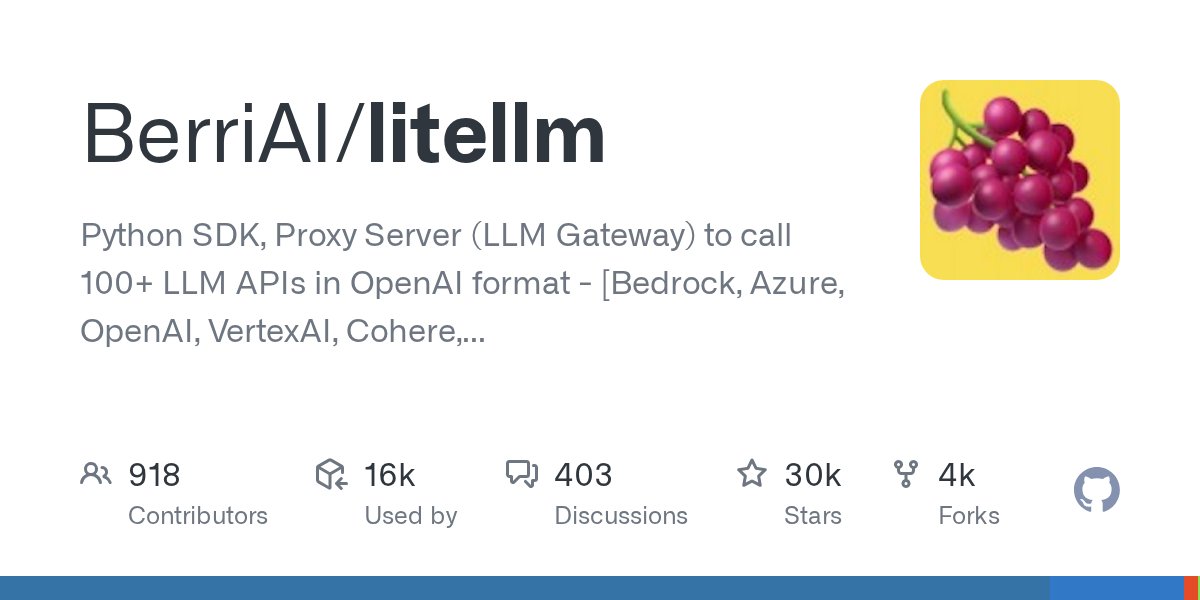 TInfinityDevops's tweet card. Python SDK, Proxy Server (LLM Gateway) to call 100+ LLM APIs in OpenAI format - [Bedrock, Azure, OpenAI, VertexAI, Cohere, Anthropic, Sagemaker, HuggingFace, Replicate, Groq] - BerriAI/litellm