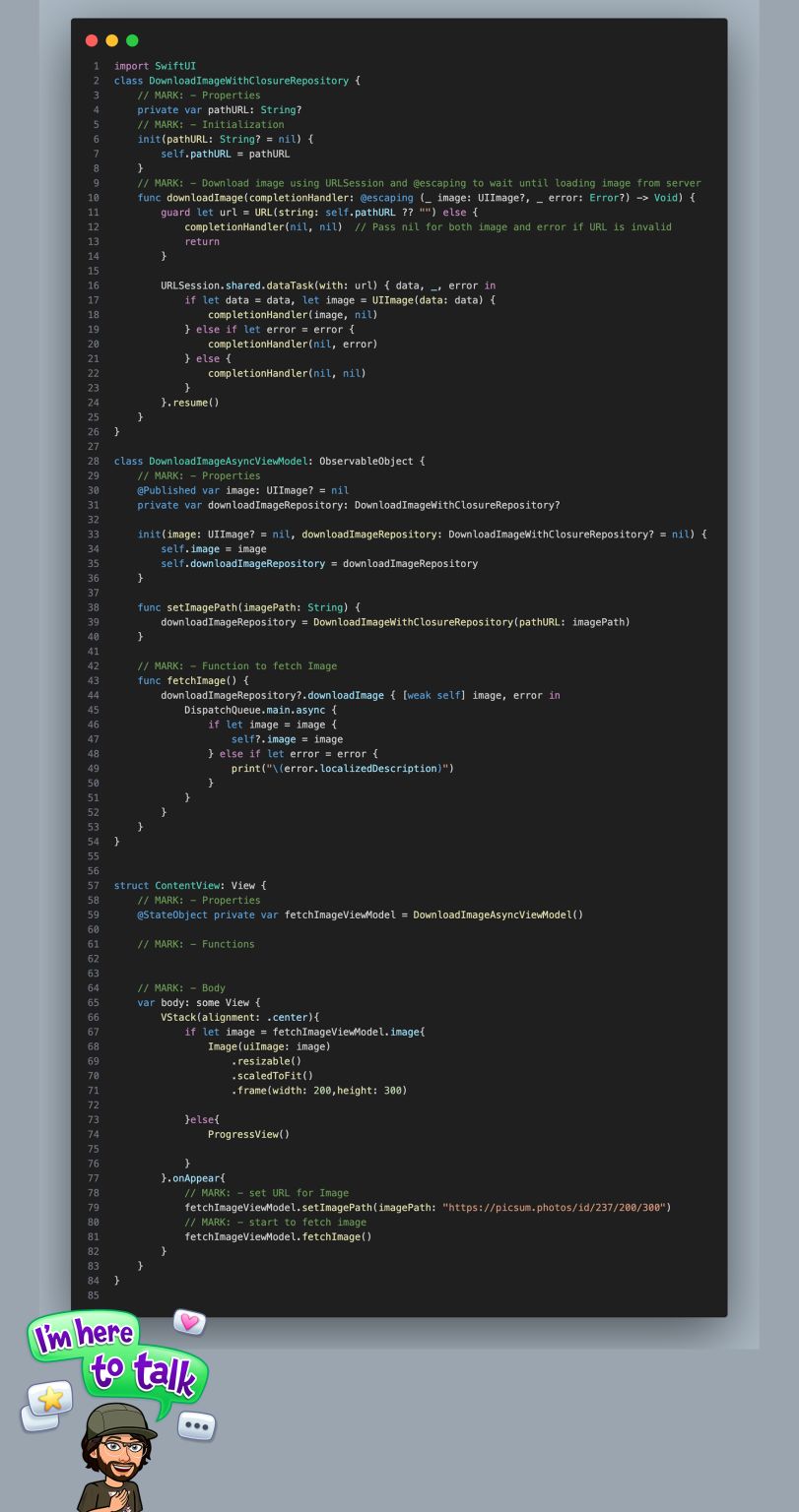 AngeloXcoder's tweet card. Here example to DownloadImage from server : - Escaping: The @escaping attribute is used in the DownloadImageWithEscapingRepository class to mark the completionHandler closure as escaping. It allows...