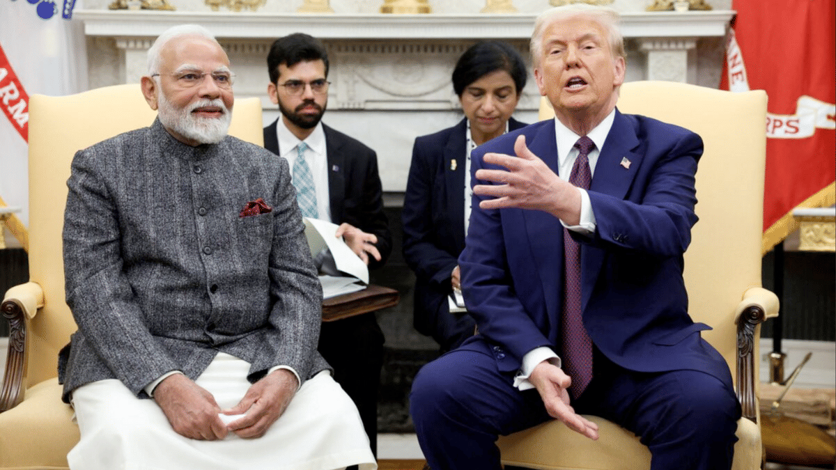 ThePrintIndia's tweet card. Trump claimed PM Modi 'assured' him India would stop buying Russian oil. MEA statement notes India's 'priority to safeguard interests of Indian consumer in a volatile energy scenario'.