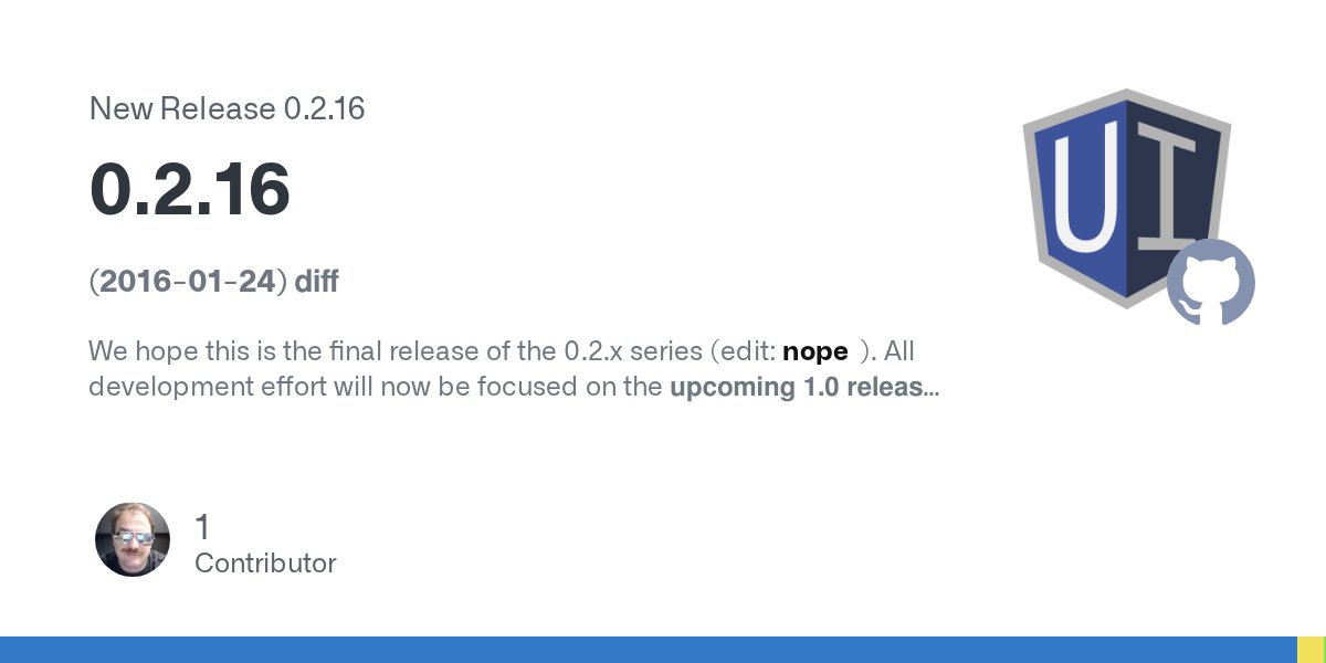 angularui's tweet card. (2016-01-24) diff We hope this is the final release of the 0.2.x series (edit: nope). All development effort will now be focused on the upcoming 1.0 release. 0.2.16 milestone issues Bug Fixes $st...