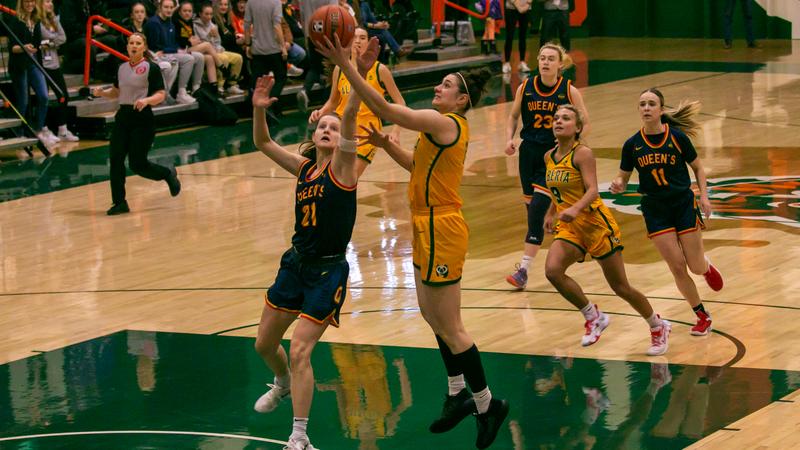 BearsandPandas's tweet card. Queens bests Alberta 72-62 on Saturday