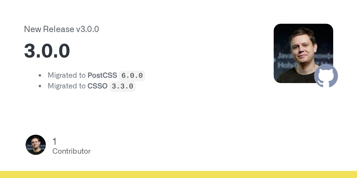 cssoptimizer's tweet card. Migrated to PostCSS 6.0.0 Migrated to CSSO 3.3.0