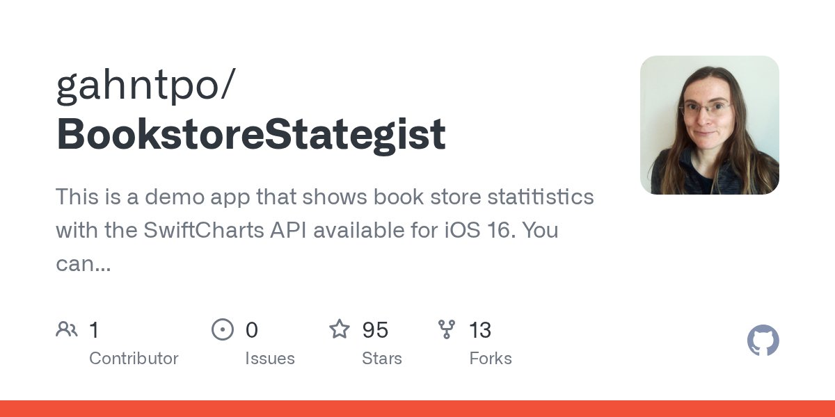 swiftyplace's tweet card. This is a demo app that shows book store statitistics with the SwiftCharts API available for iOS 16. You can see line, bar and pie charts examples in SwiftUI. New features for iOS 17 are chart scro...