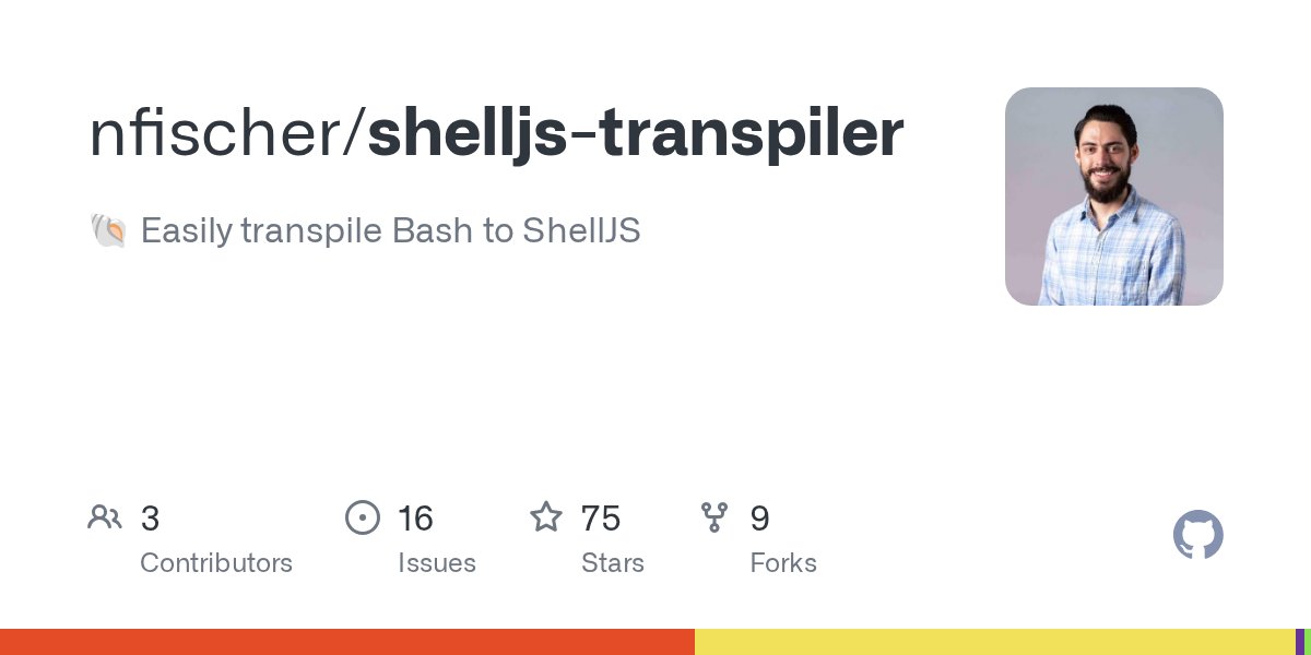 ntfschr's tweet card. :shell: Easily transpile Bash to ShellJS. Contribute to nfischer/shelljs-transpiler development by creating an account on GitHub.