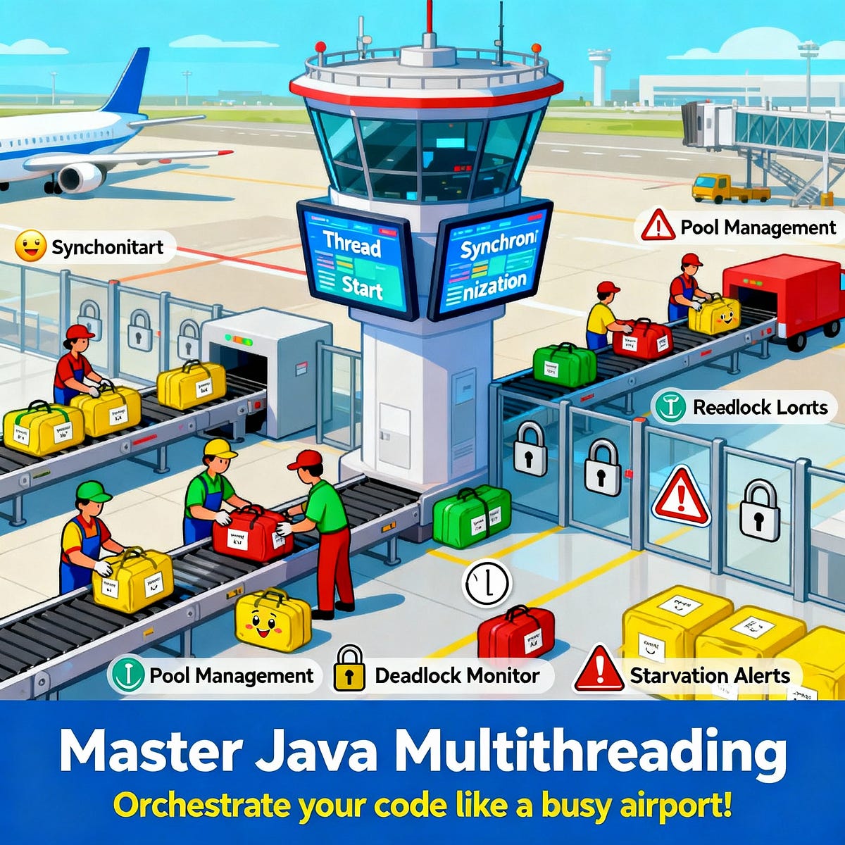 TheLaymanCoder's tweet card. Imagine your Java program as a super busy Airport Baggage Handling System 🛄 — where speedy workers and clever machines sort thousands of…