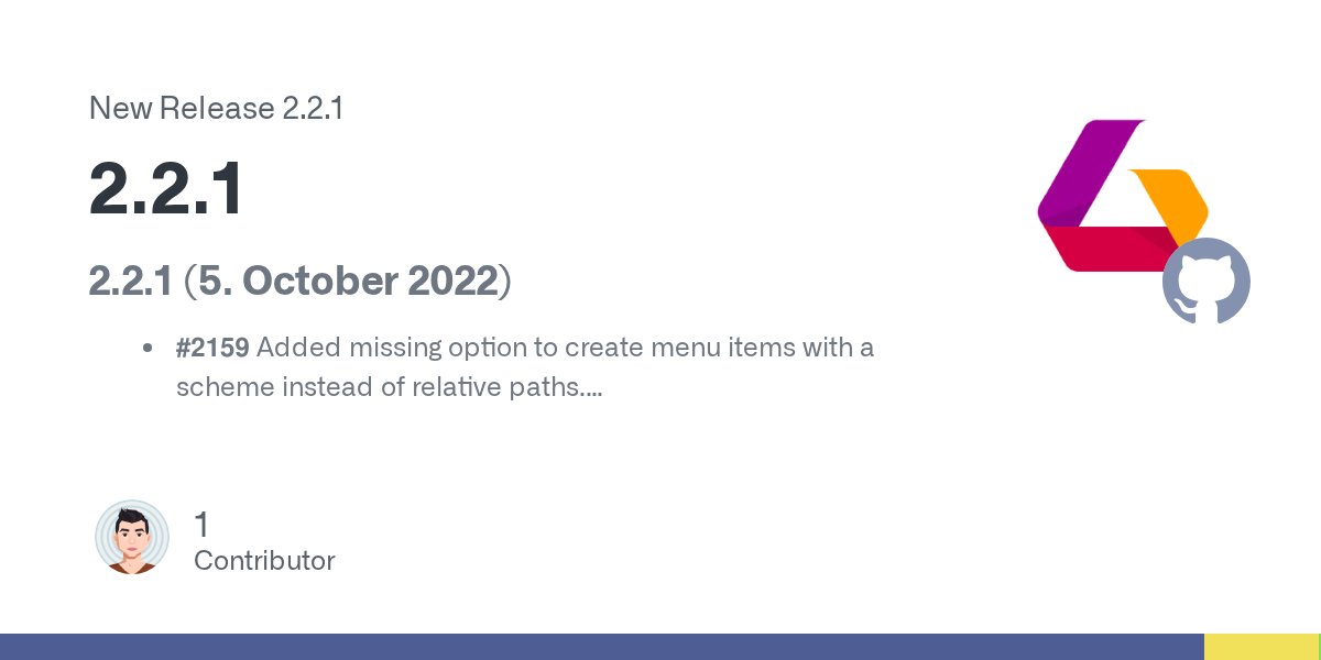 luyadev's tweet card. 2.2.1 (5. October 2022) #2159 Added missing option to create menu items with a scheme instead of relative paths. #2152 Fix issue when creating a LUYA theme on Windows.