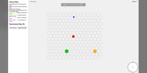 CodeRandom_'s tweet card. Dodge, collect, and conquer the hex grid! Boost your score, avoid enemies, and aim for the leaderboard! Play in your browser