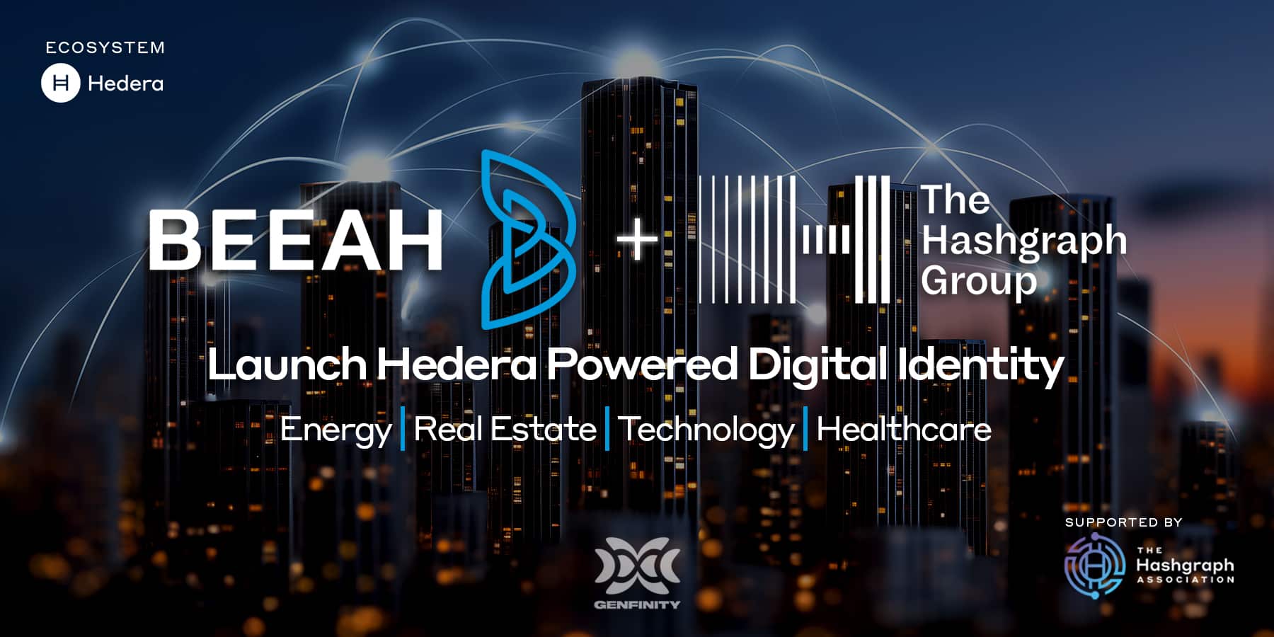 GenfinityIO's tweet card. BEEAH and The Hashgraph Group deploy IDTrust, a Hedera-based decentralized digital identity platform to power smart city and enterprise integration.