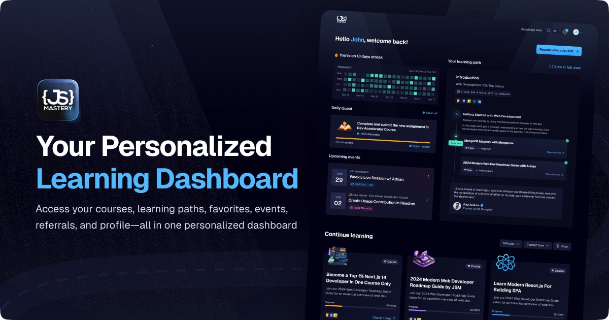 jsmasterypro's tweet card. Learn full stack web development by building real-world projects. Get hired by top tech companies or start your own business.