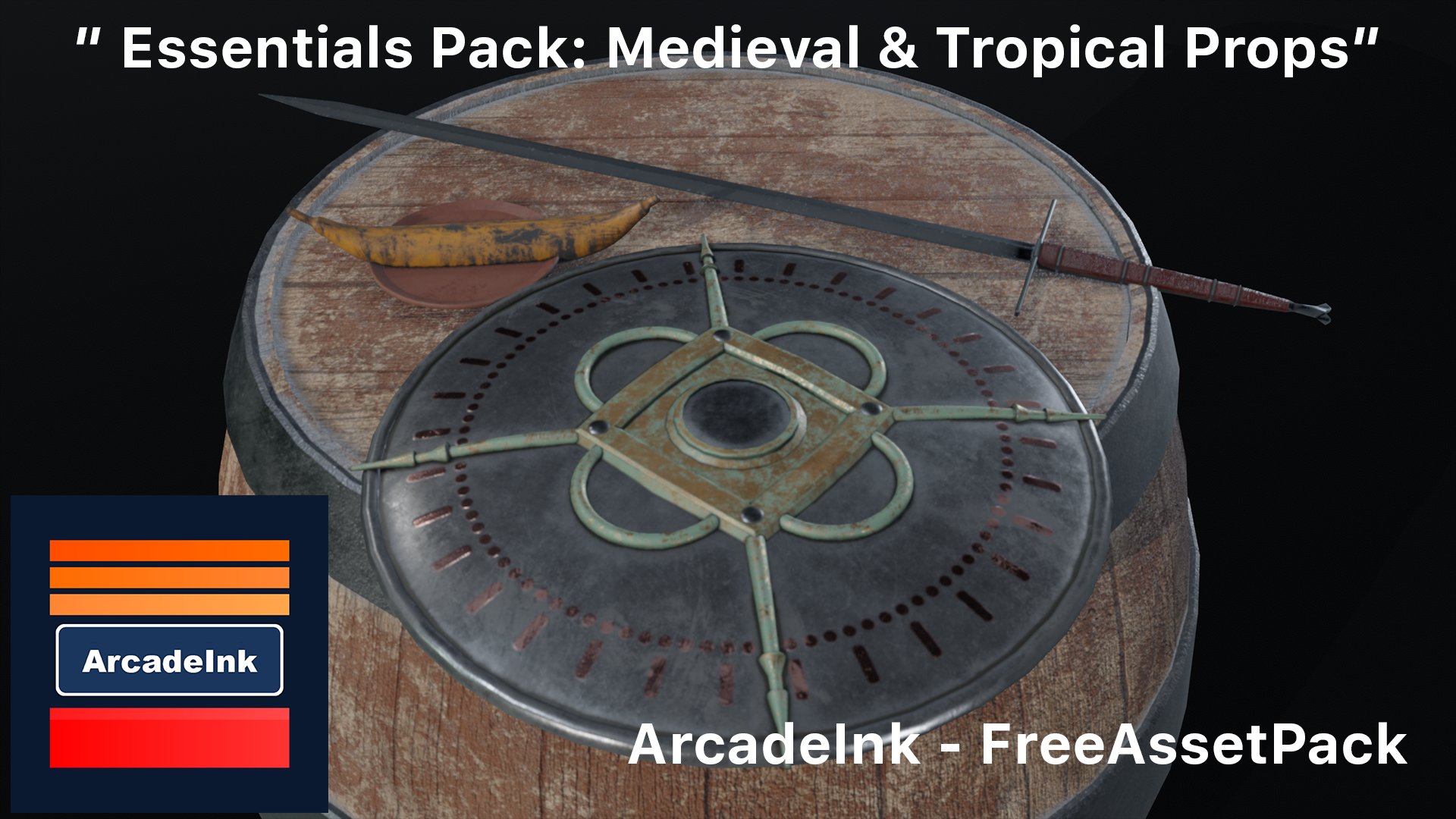 ArcadeInk_Fab's tweet card. This free pack includes a selection of 5 high-quality 3D assets:A rustic clay plate, perfect for traditional settings.A banana, ideal for tropical or natural scenes.A simple sword, ready for medieval...