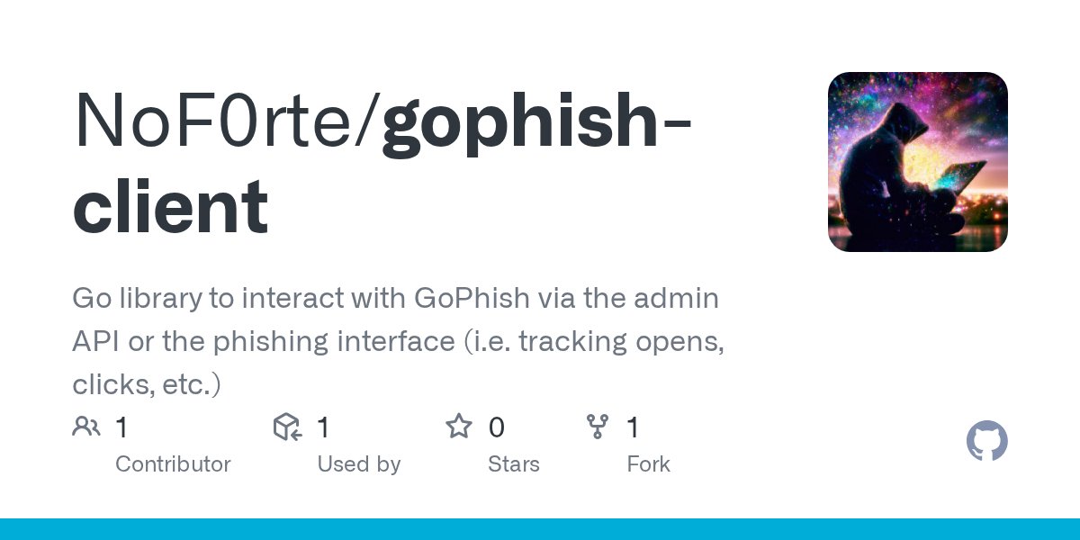 GolangRepos's tweet card. Go library to interact with GoPhish via the admin API or the phishing interface (i.e. tracking opens, clicks, etc.) - NoF0rte/gophish-client
