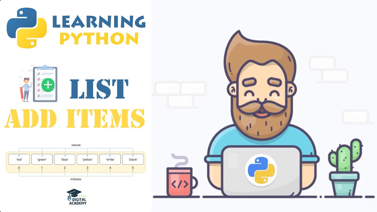 DigitalAcademyy's tweet card. Add and Update Values from a List in Python (Append, Extend, Insert)...