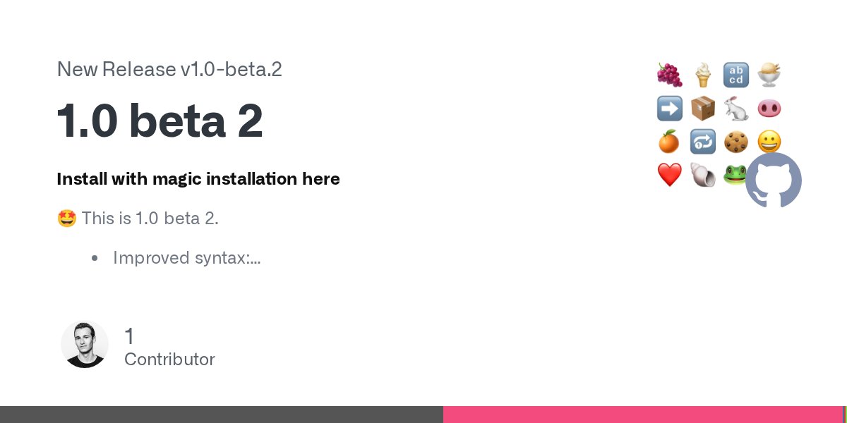 Real_Emojicode's tweet card. Install with magic installation here 🤩 This is 1.0 beta 2. Improved syntax: 👇 instead of 🐕 🆗 for 🥑 Use 📏 instead of 🐔 for collections. Enums are now declared with 🔘. Use ❎ instead of 🚫 for...