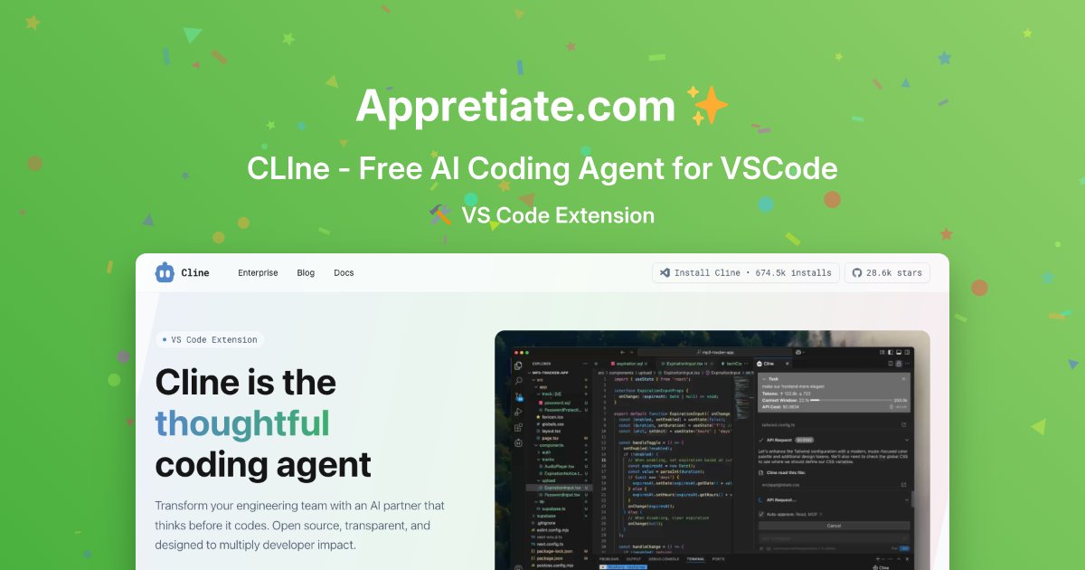 AppretiateApps's tweet card. Cline is an innovative open-source VS Code extension designed to revolutionize coding with its intelligent and thoughtful approach.