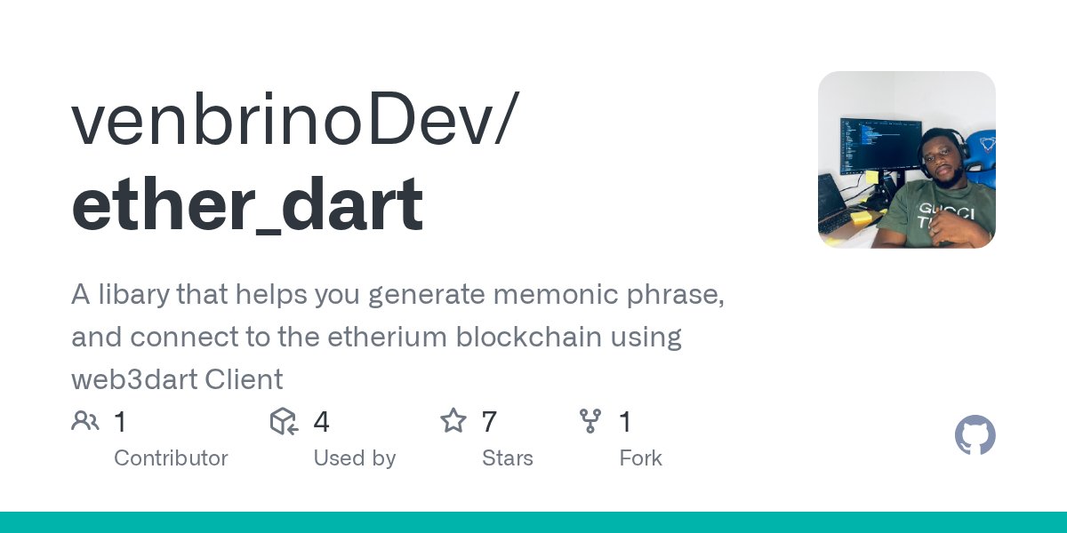 precious_tagy's tweet card. A libary that helps you generate memonic phrase, and connect to the etherium blockchain using web3dart Client - venbrinoDev/ether_dart