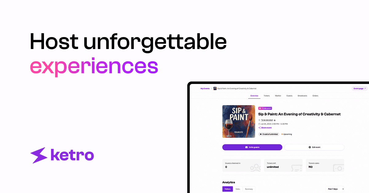 useketro's tweet card. Ketro offers a seamless, empathetic approach to event hosting. Intentionally designed to make managing your events and guests intuitive and stress-free.