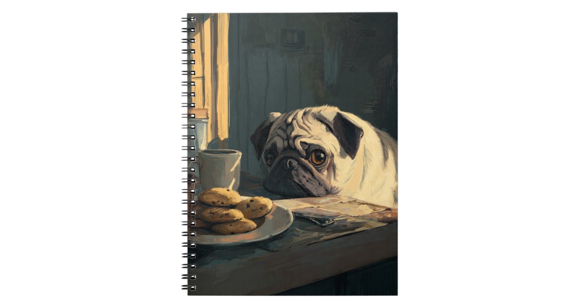 JK_Coll's tweet card. This adorable notebook showcases a sweet pug resting its head on the table, gazing with big, longing eyes at a plate of chocolate chip cookies. The warm, rustic kitchen setting adds to the cozy...