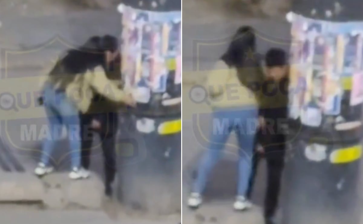 UniversalHgo's tweet card. Las imágenes difundidas en redes sociales muestran a una mujer golpeando a su pareja en plena vía pública; usuarios exigen que las autoridades actúen con el mismo rigor sin importar el género del...