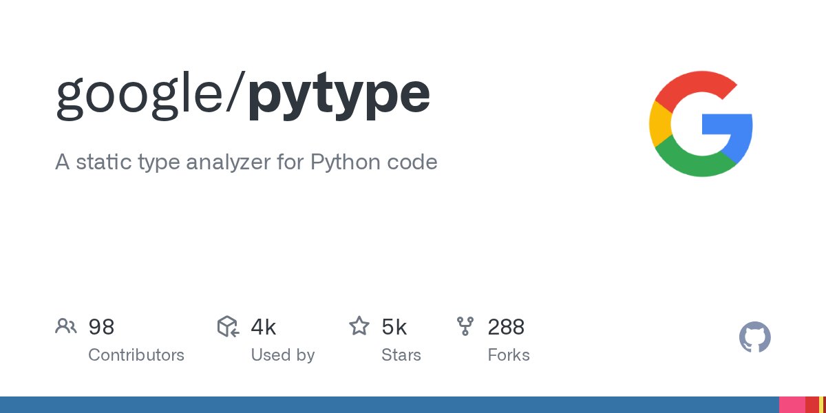 realpython's tweet card. A static type analyzer for Python code. Contribute to google/pytype development by creating an account on GitHub.