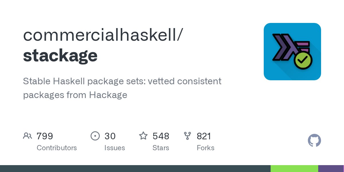 haskellstackage's tweet card. Stable Haskell package sets: vetted consistent packages from Hackage - commercialhaskell/stackage