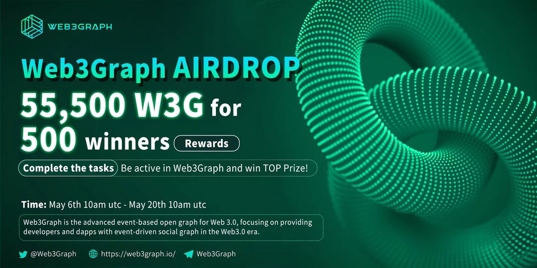 AirdropFarahan4's tweet card. Web3Graph Airdrop Web3Graph is the advanced event-based open graph for Web 3.0, focusing on providing developers and dapps with event-driven social graph in the Web3.0 era. Time: May 6th 10am utc -...