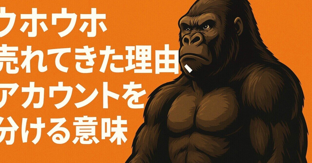note414651's tweet card. 別アカウントでのnoteが、最近ウホウホ売れています。 フォロワーも、メイン・サブどちらも着実に増えてきました。 正直、最初はこんなに反応があるとは思っていませんでした。 でもやってみて分かったのは── 「ちゃんと差別化すること」って大事だな、ということです。 🧠 なぜアカウントを分けているのか？ 「ゴリラだから？」 いいえ、そうではありません。 ファン化を意識しているからです。...
