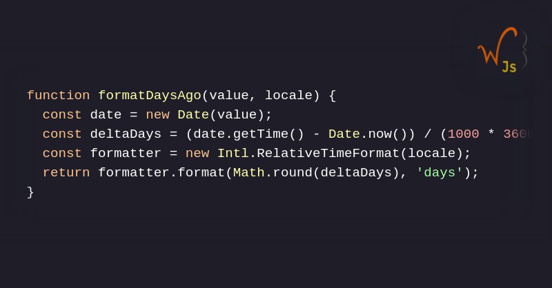 writingjscript's tweet card. The native Intl.RelativeTimeFormat API can generate nicely formatted relative date/time strings without any external dependencies.